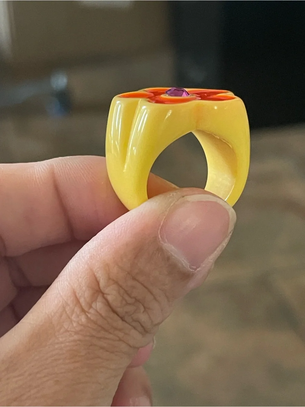 Bright Yellow Flower Ring with Orange Petals and Pink Gem
